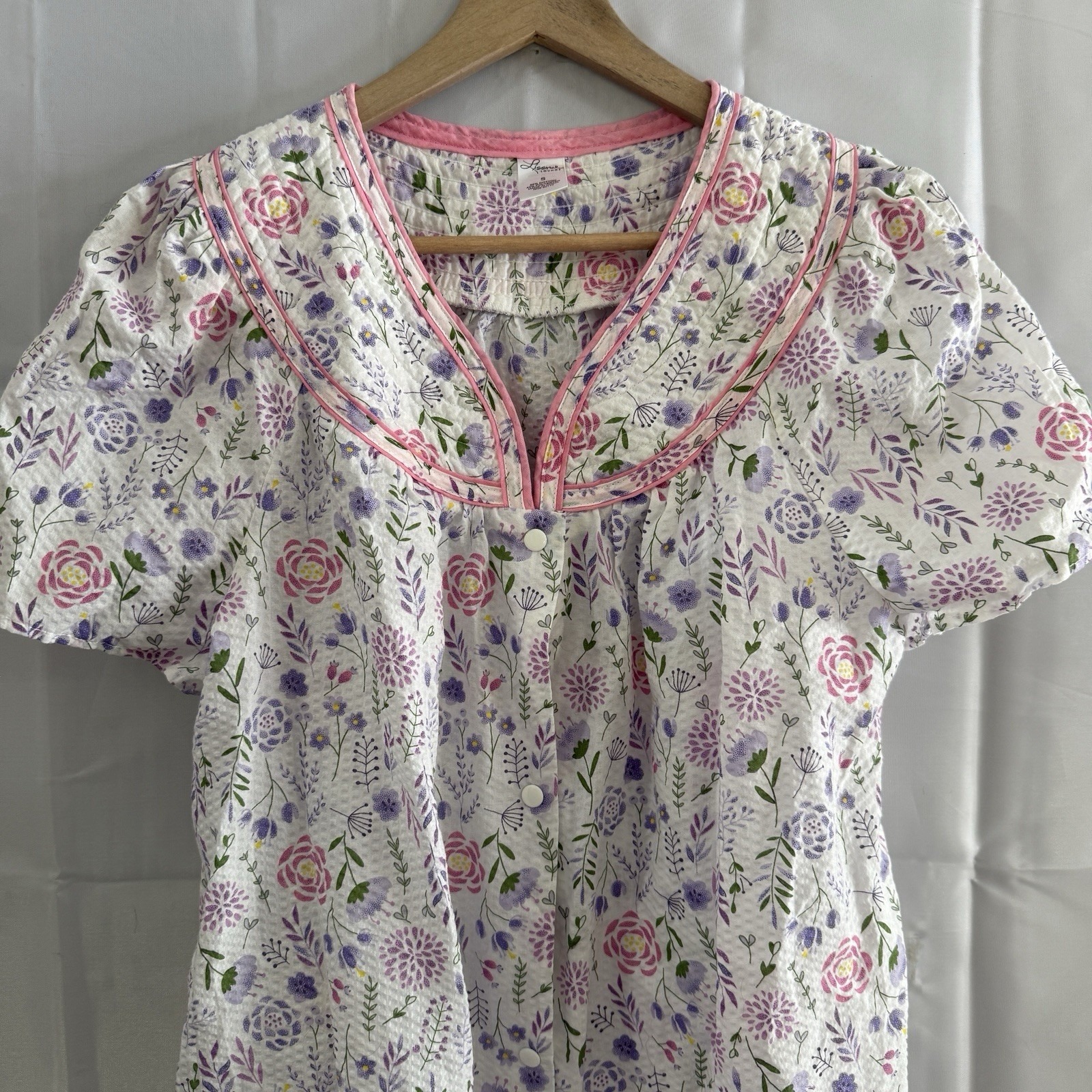 Vtg Lissome Lounge Womens Snap Night Gown House Coat S Purple Floral Seersucker